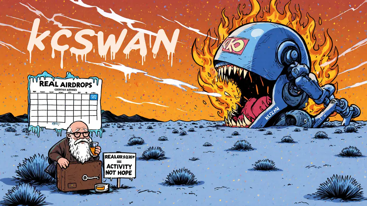 A desert of crypto scams with a wise wallet and a burning KCCSwap logo under a calendar sky.