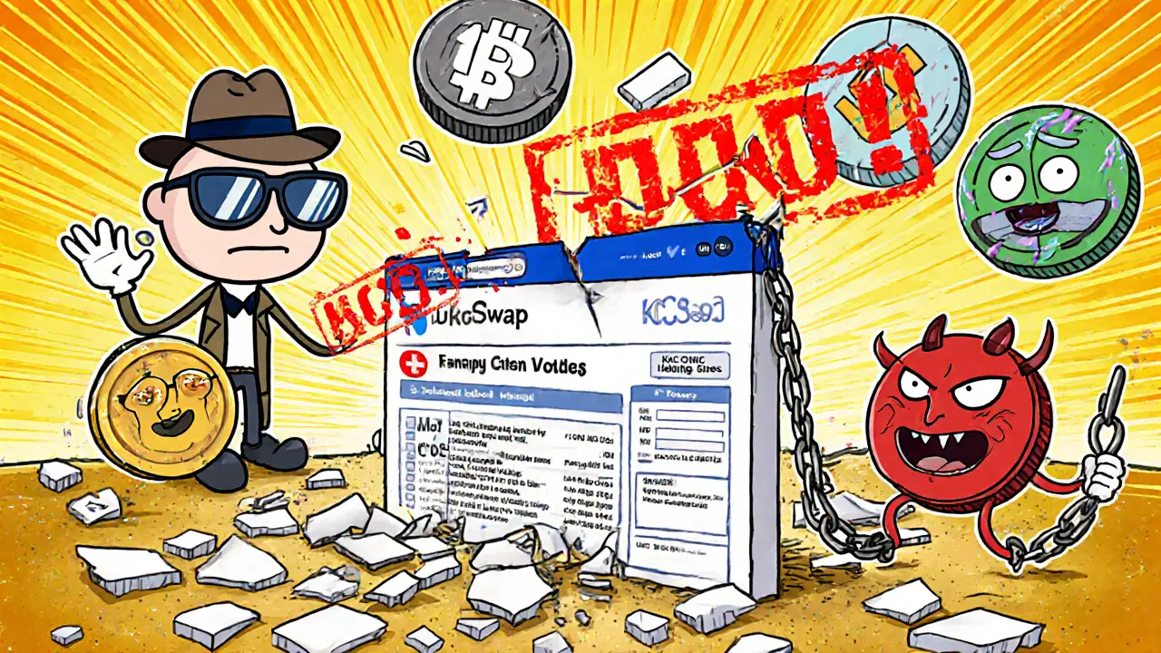 A detective KuCoin logo investigating a crumbling fake KCCSwap website with real tokens nearby.