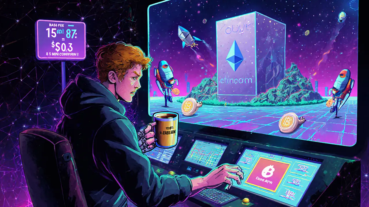 A developer using a glowing fee estimation panel with real-time blockchain data streams and a robot serving coffee.