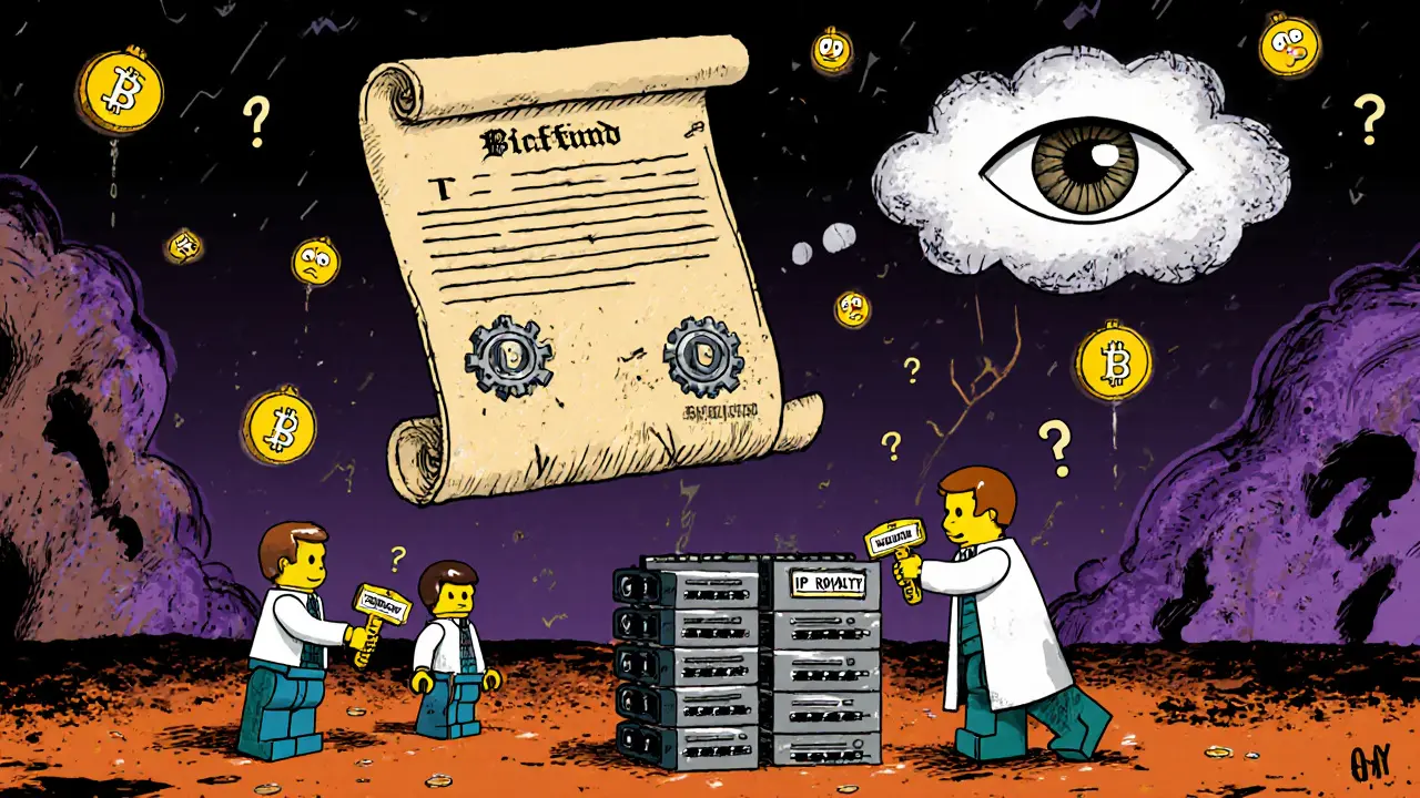 A giant glowing deed-shaped NFT with gears hovers over a miniature mining farm under a watchful eye.