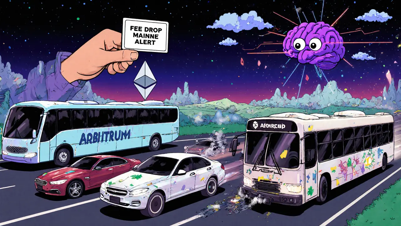 A highway of Layer 2 blockchains speeding past a broken Ethereum bus, with a giant fee drop alert falling from the sky.