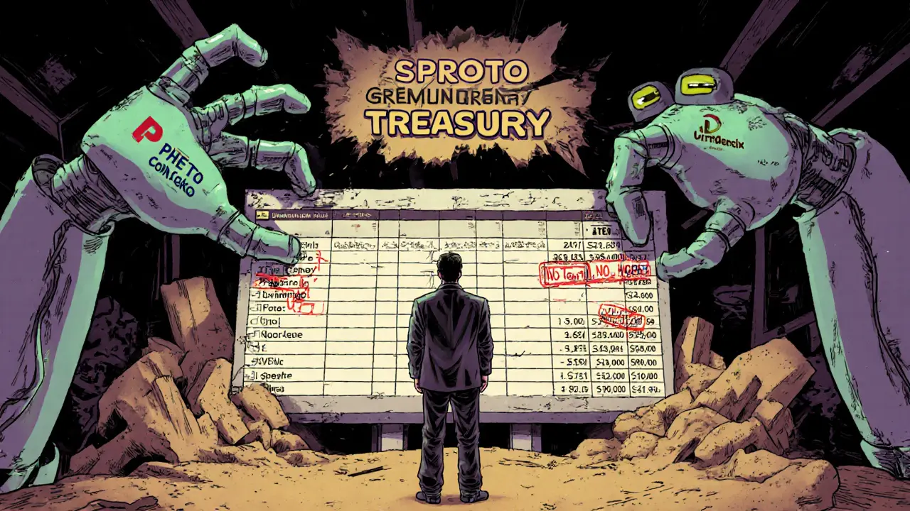 A lonely buyer in front of a broken Uniswap interface, with giant robotic hands arguing over false prices and a sand treasury crumbling.