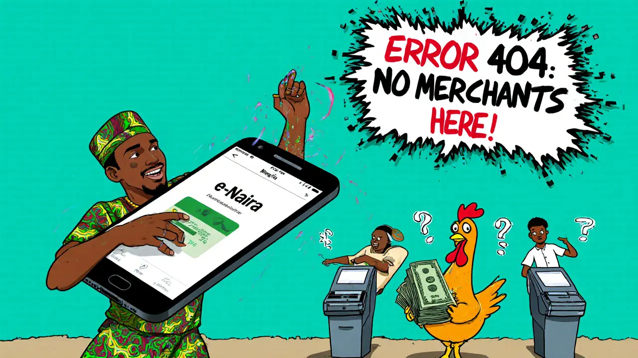 A man in Nigeria throwing a crashing e-Naira app into the air while merchants ignore him with empty payment terminals.