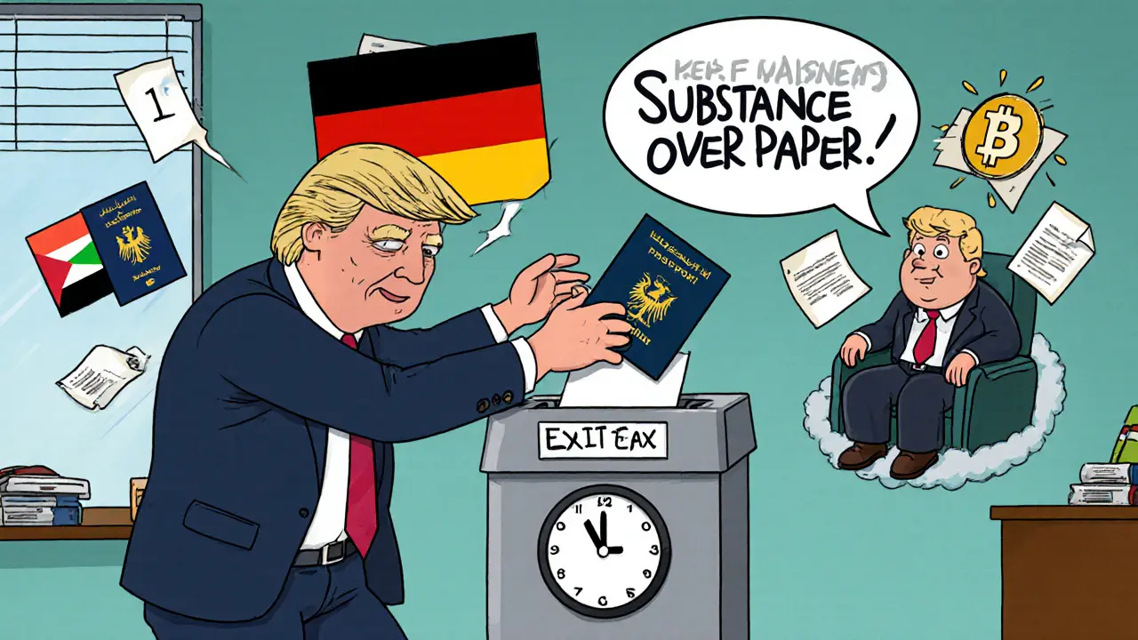 A man shredding his passport as a 18-month clock ticks down, surrounded by floating country flags and crypto wallets.