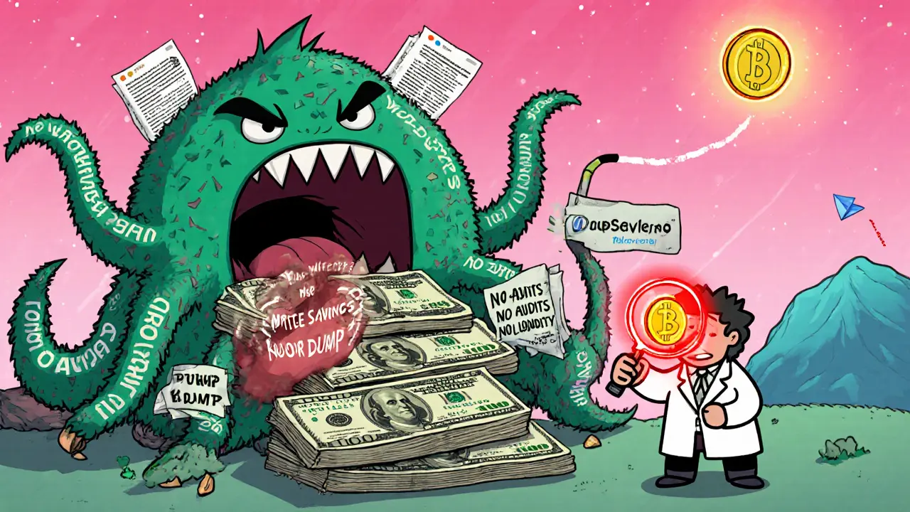 A monster made of social media posts devouring cash, while a hero reveals red warning labels: &#039;No Whitepaper&#039;, &#039;No Audits&#039;, &#039;No Liquidity&#039;.