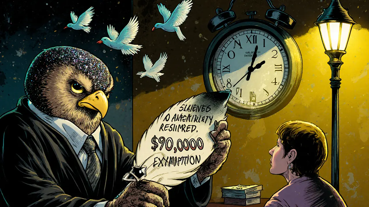 A person being questioned by a judge owl in a tax office, with crypto transactions flying like birds and a giant exemption clock ticking.