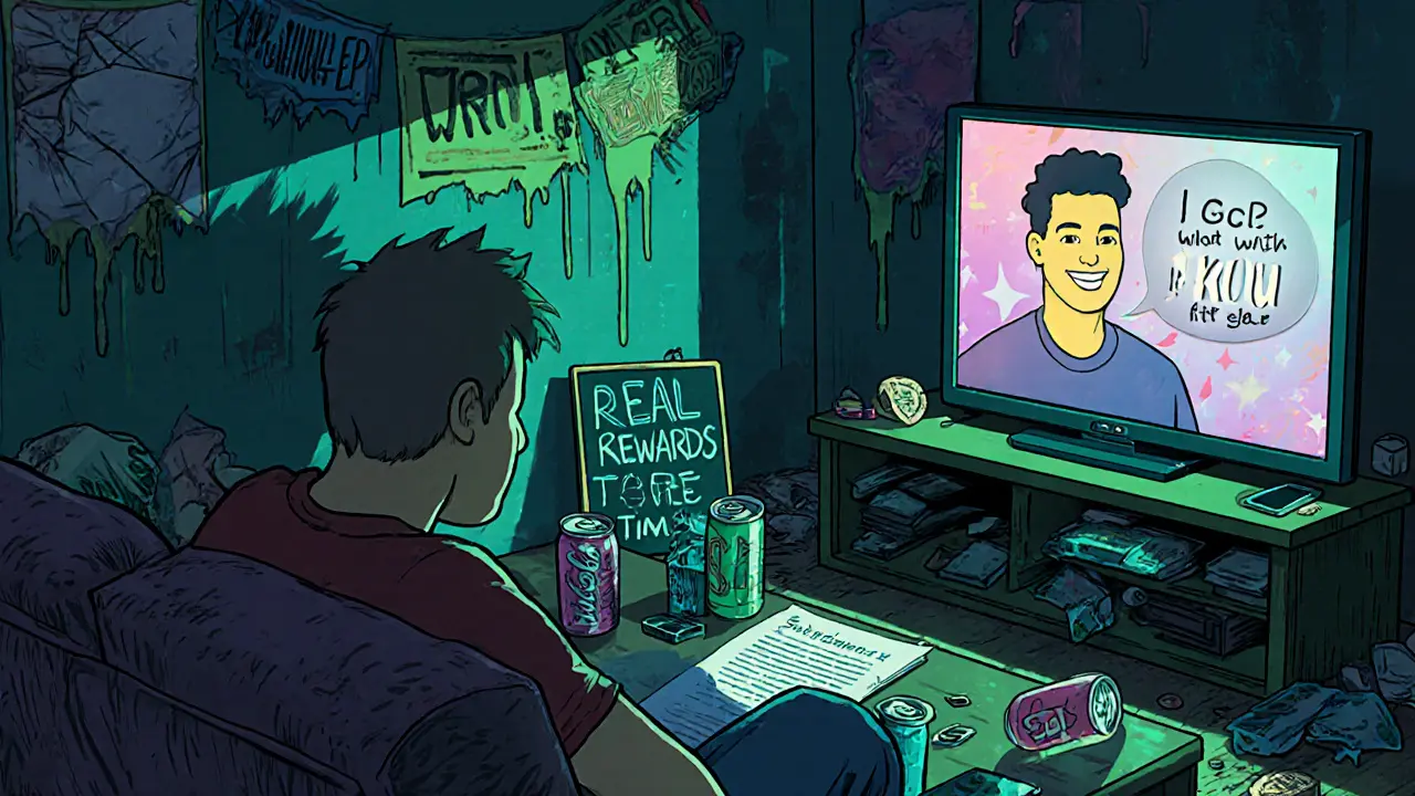 A person surrounded by scam debris watching a fake influencer on TV, while a real crypto guide glows softly on the table.