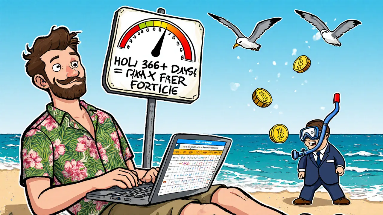 An expat on a Portuguese beach watching crypto gains hit zero tax, while a tiny IRS agent chases him.
