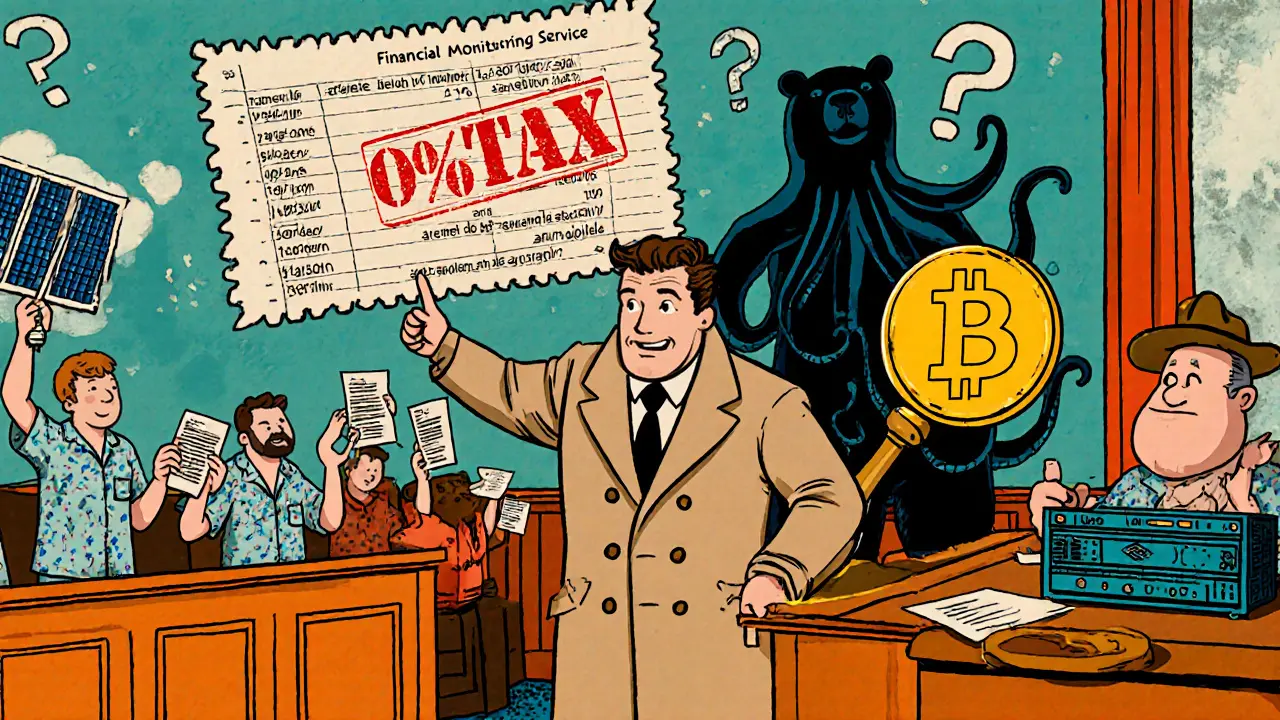 Courtroom scene with miners defending their operations using solar panels and exchange receipts, crushing money laundering.