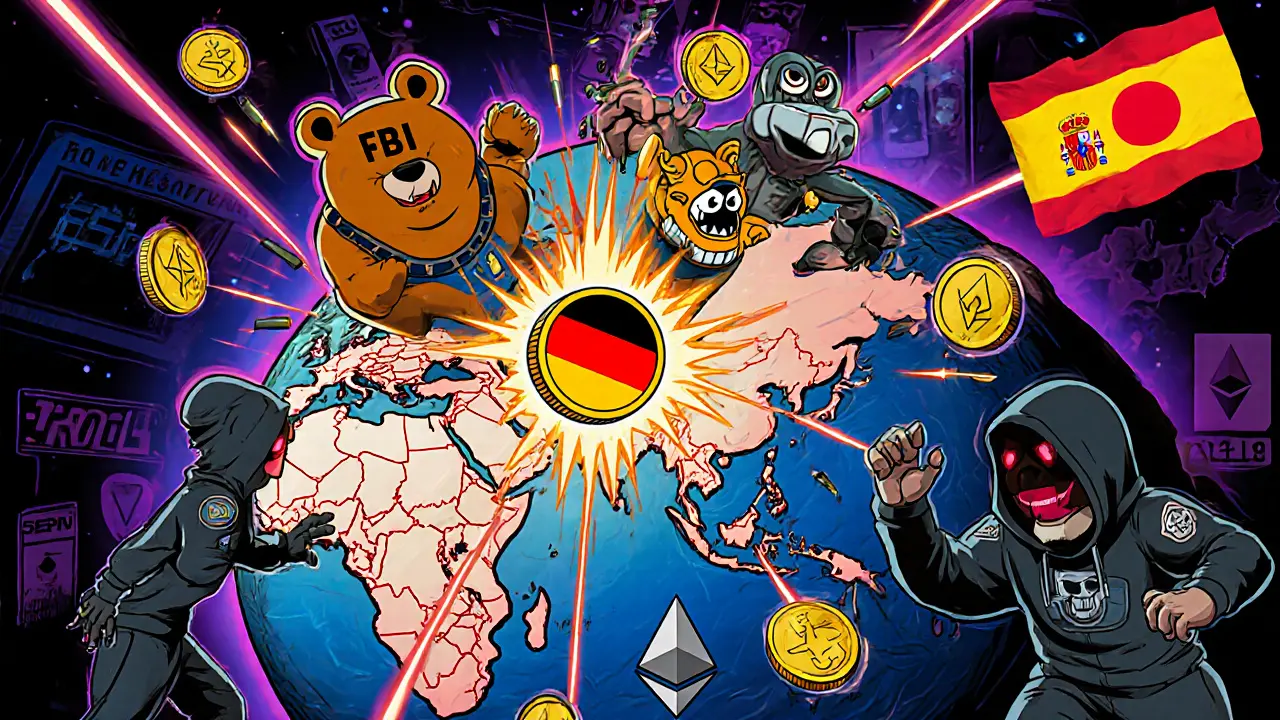 A cartoon world map with crypto coins flying from countries to chased hackers.