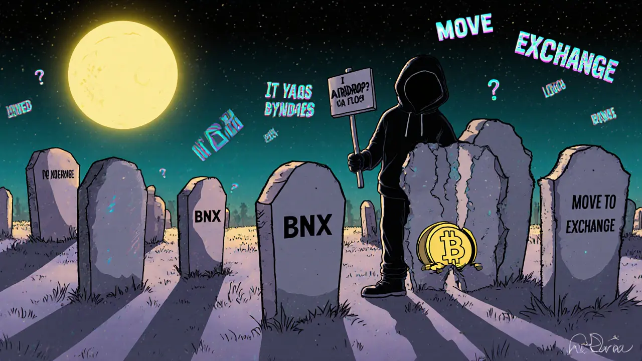 A crypto graveyard with BNX tombstones and a regretful figure holding a misleading sign.