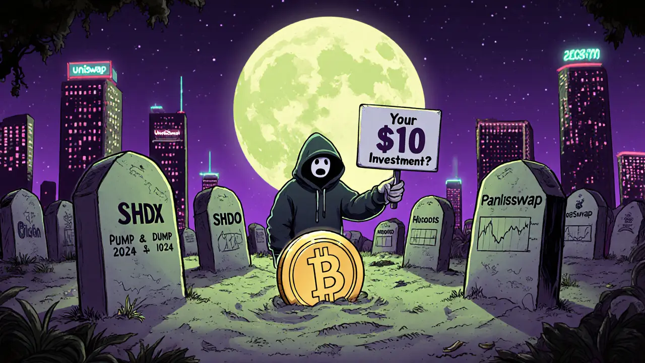 A crypto graveyard with sinking tokens and a ghost pointing at a &#039;2050 prediction&#039; sign under a wallet-shaped moon.
