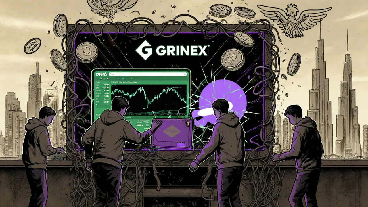 A ghostly crypto exchange with identical interface appears as the old one shuts down, with Dubai towers in the distance.