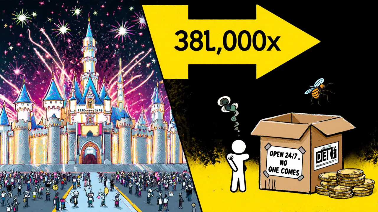 A giant Uniswap castle contrasts with a tiny broken box labeled Shido DEX, illustrating massive volume disparity.