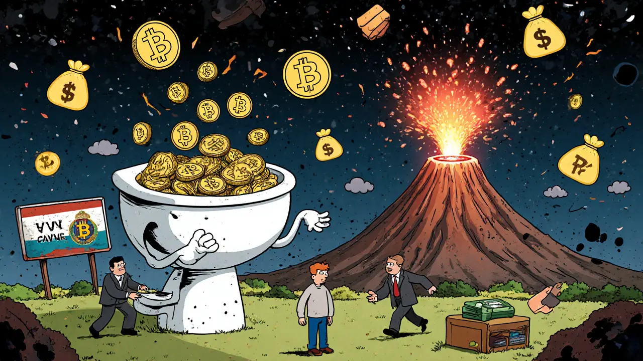 A sentient mixer shaped like a toilet spins crypto coins while NFT portals and Bitcoin volcanoes glow nearby.