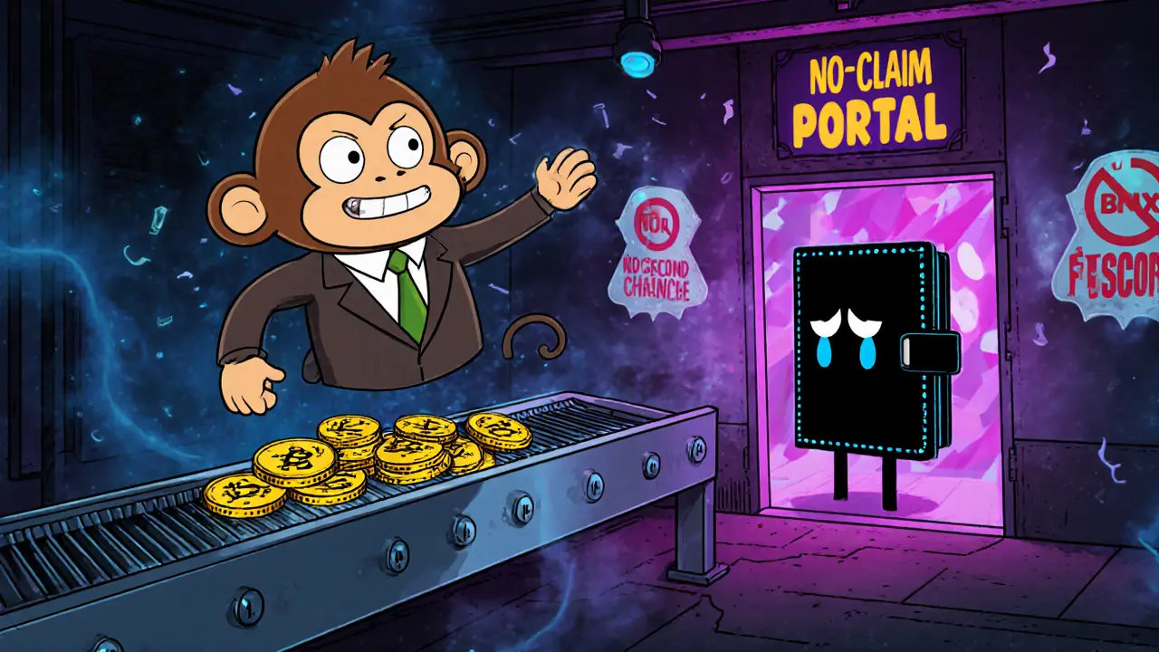 Binance monkey converts tokens on a belt while a trapped wallet character is locked away.