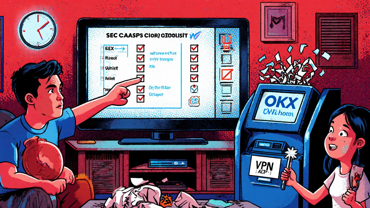 Family watches TV as one tries to withdraw crypto from a crying robot ATM, holding a VPN app like a wand.