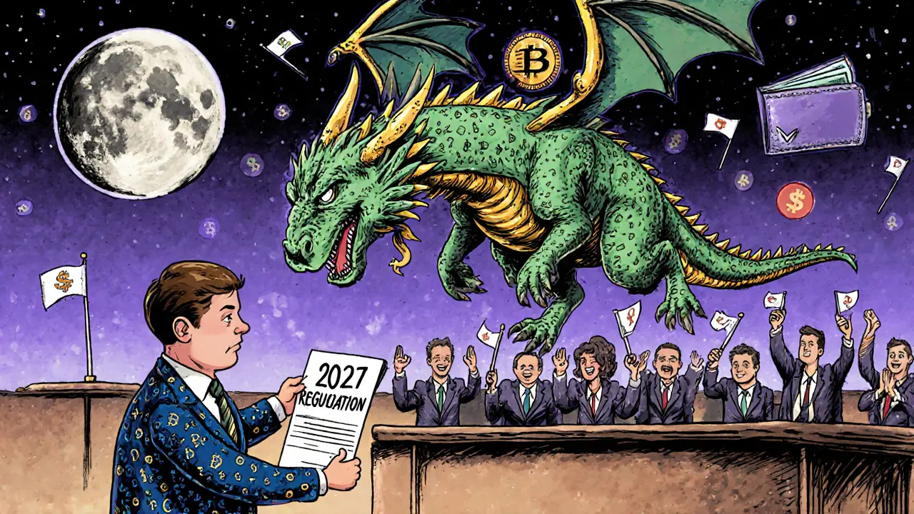 Tiny SEC lawyer confronts a DeFi dragon in court while local crypto startups cheer with tiny flags.