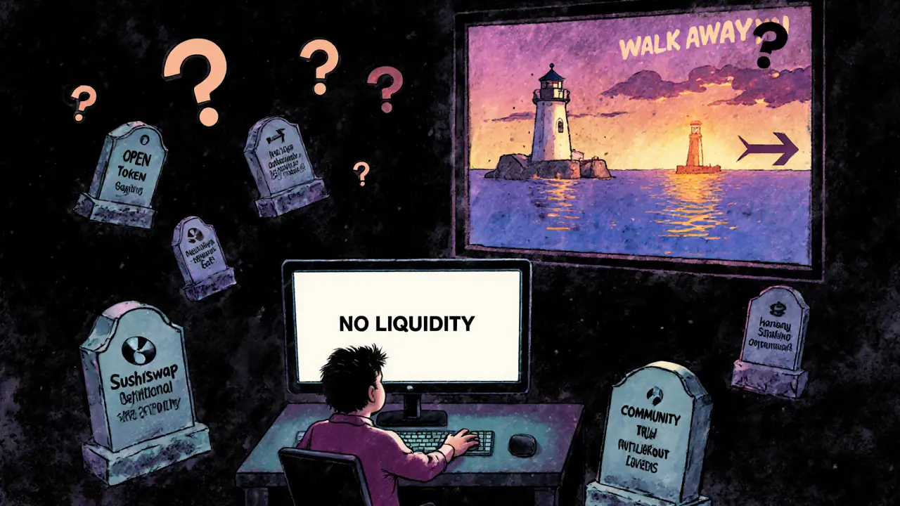 A lonely investor facing a blank screen surrounded by tombstones of failed crypto promises.