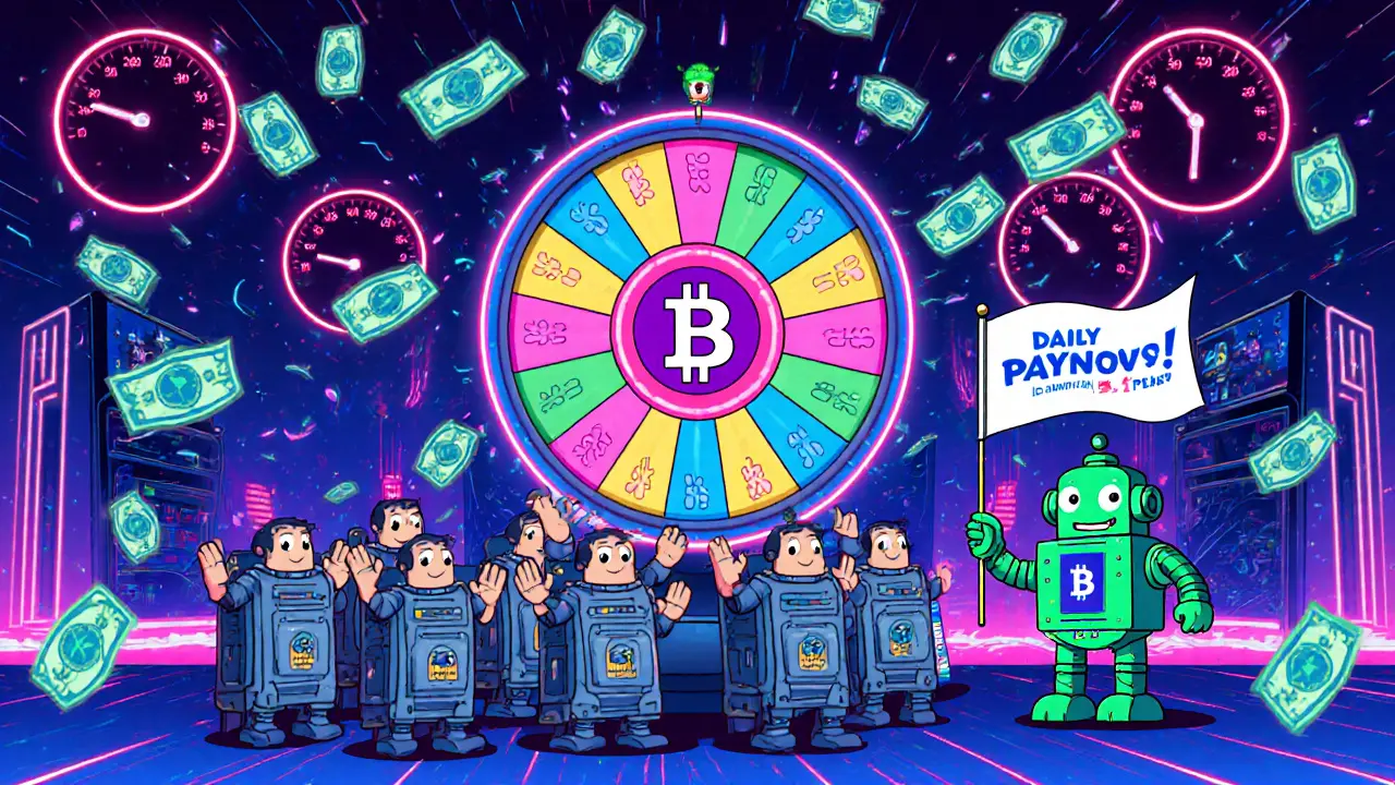 A neon-lit mining pool arcade where cartoon ASIC miners celebrate daily payouts with money raining down.