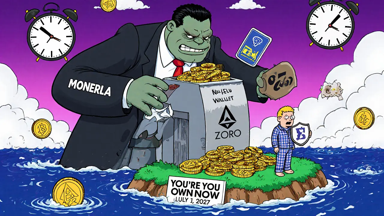 Bureaucratic monster shredding privacy coins while a user holds a hardware wallet on a floating island.