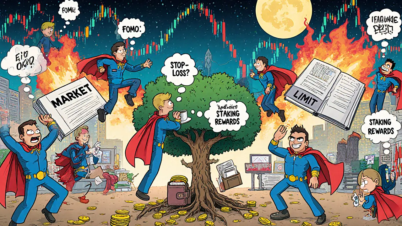 Cartoon traders launch off order books while one calmly sips coffee as their wallet grows into a tree.