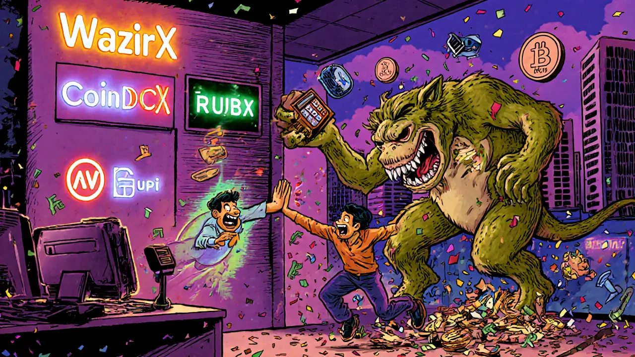 Chaotic crypto exchange office with users celebrating UPI transfers while a tax monster chases a developer.