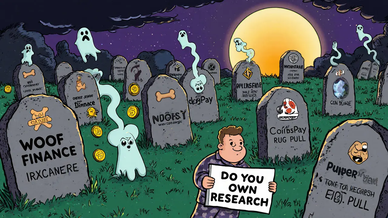 Graveyard of fake crypto exchanges with dog bones, real exchanges shining in the distance.