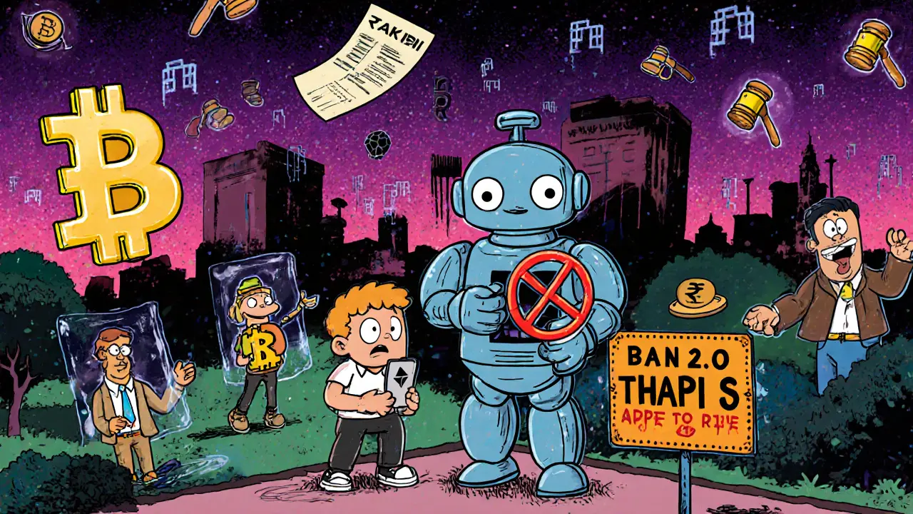 Indian kid buying crypto with UPI as an RBI robot fails, surrounded by blockchain education and floating tax brackets.