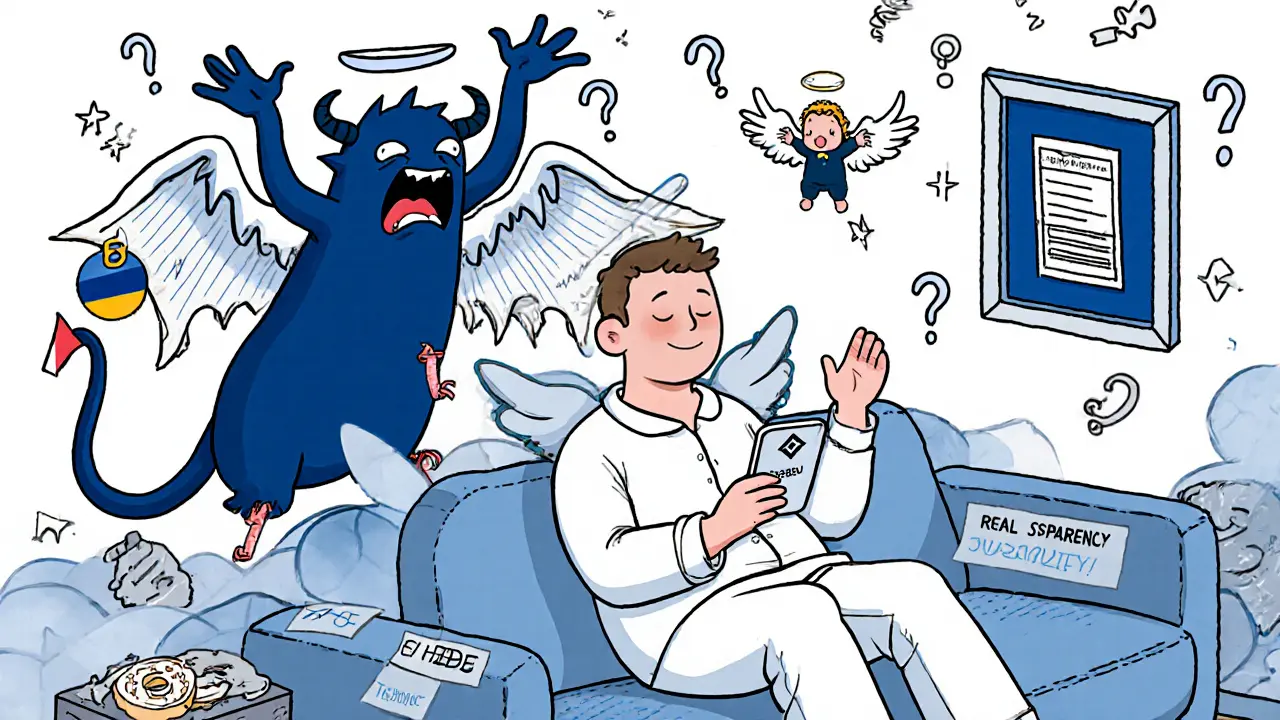 Person peacefully using Biteeu app while angel hovers above, demonic Binance looms in background.