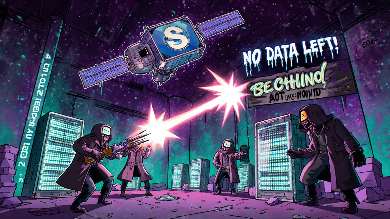 Satellite destroying hackers in a glitchy server room with SpaceChain logo winking from space.
