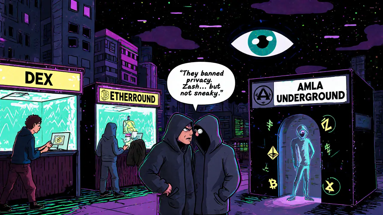 Shadowy figures trading privacy coins through a secret DEX portal under surveillance from a giant eye.