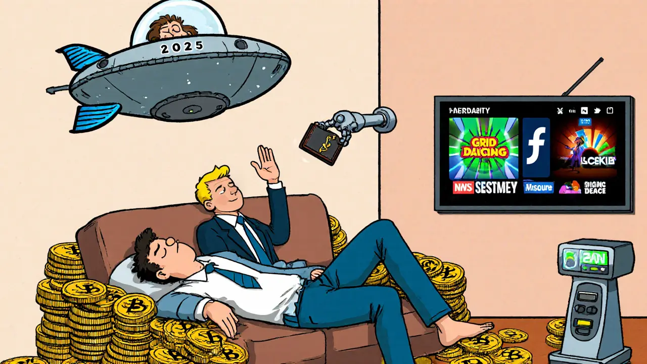 Someone sleeps on crypto coins as their future self waves from a spaceship with a hardware wallet being handed down.