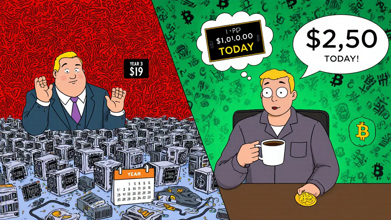 Split-screen: one side shows failed solo mining chaos, the other shows a calm miner enjoying daily payouts in cartoon style.