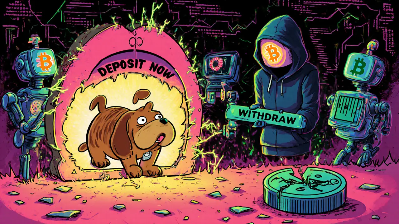 Wallet-dog entering a mouth-shaped contract portal while bots manipulate fake trading charts.