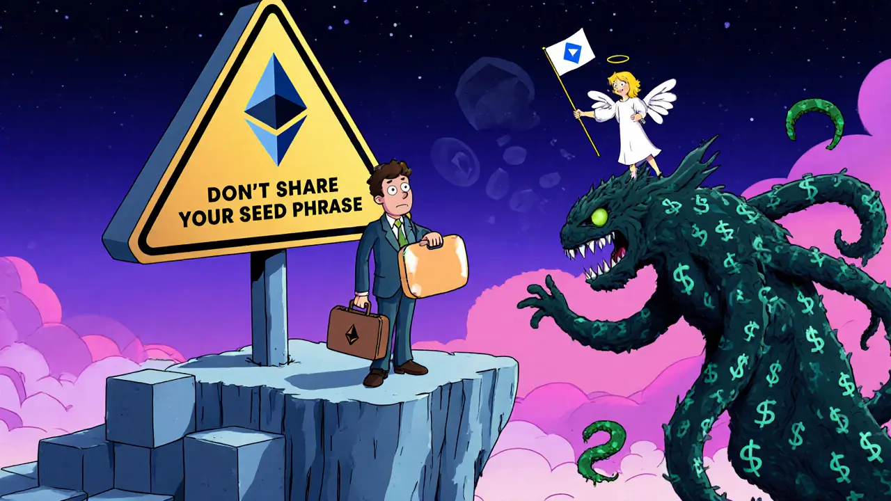 A beginner on a blockchain cliff being chased by a gas fee monster, with a tiny angel offering advice from above.