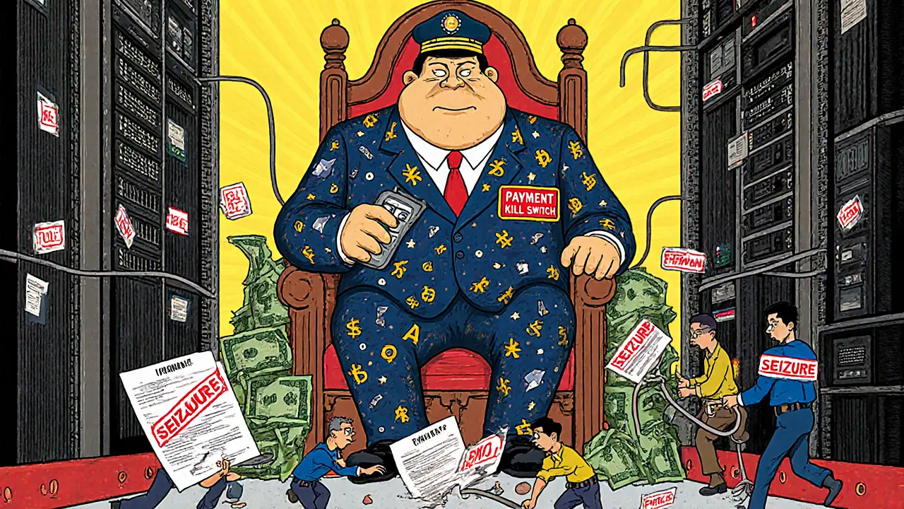 A bloated official controls miner payments from a throne of seized hardware while tiny miners struggle through tax mazes.