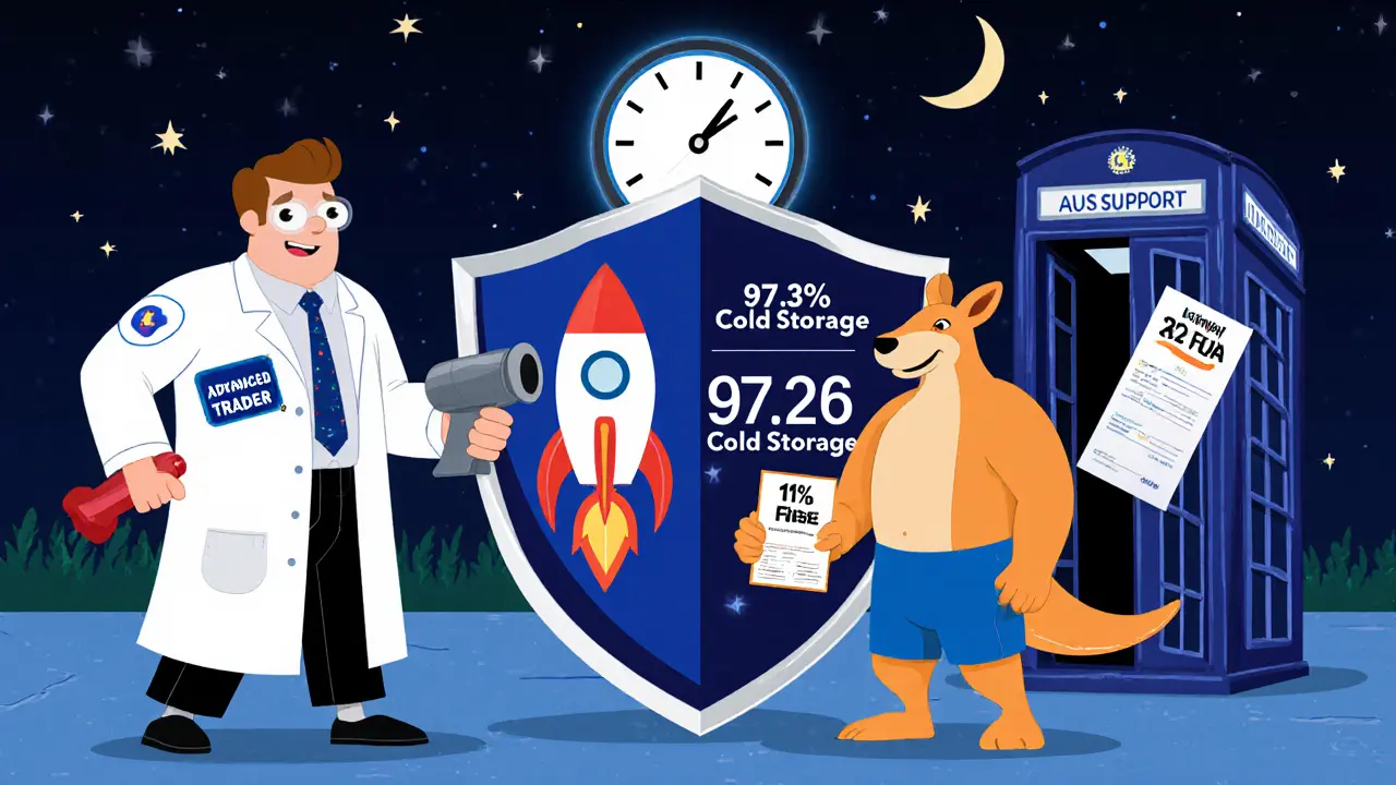A cartoon battle between an advanced trader and a simple buyer, with Bitcoin.com.au&#039;s security shield and fast support mascot in the background.