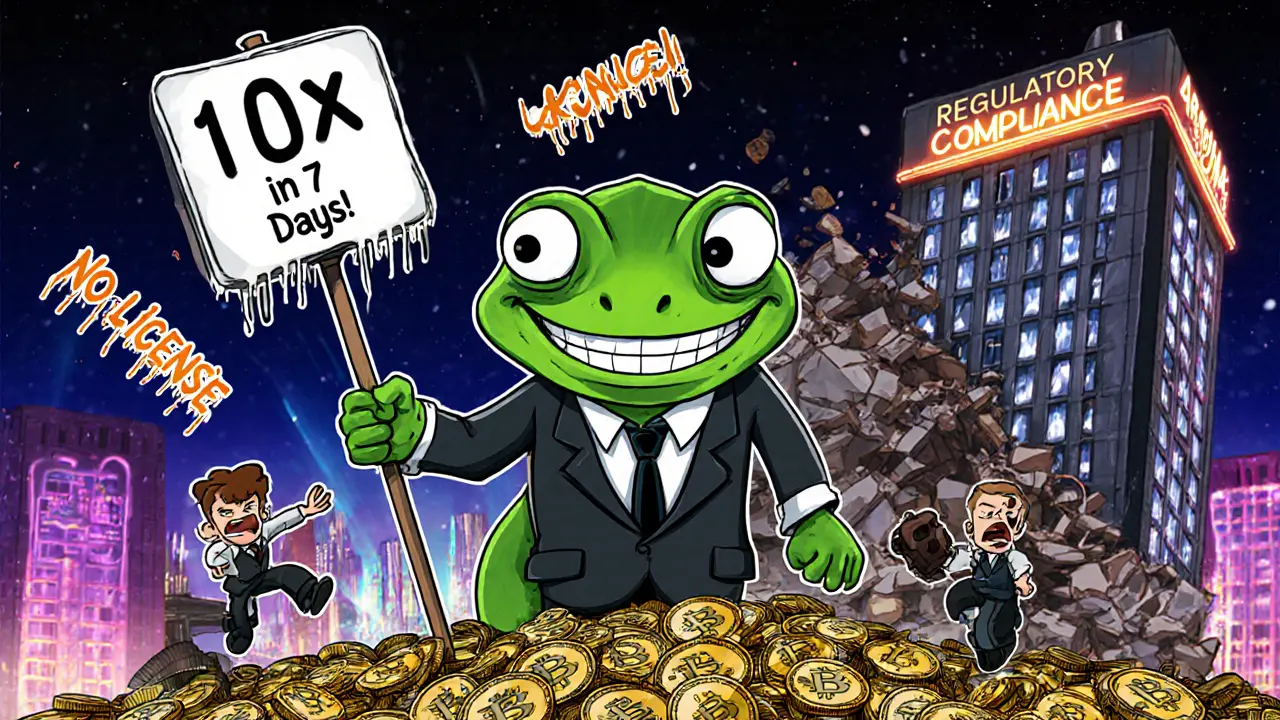 A chameleon mascot holding a &#039;10x in 7 Days&#039; sign, standing on stolen wallets.
