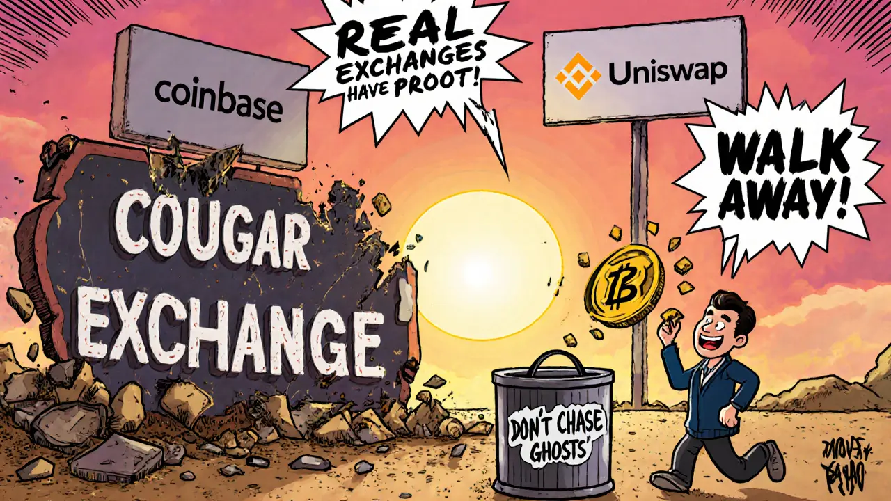 A collapsing Cougar Exchange sign as legitimate crypto platforms rise in the background.
