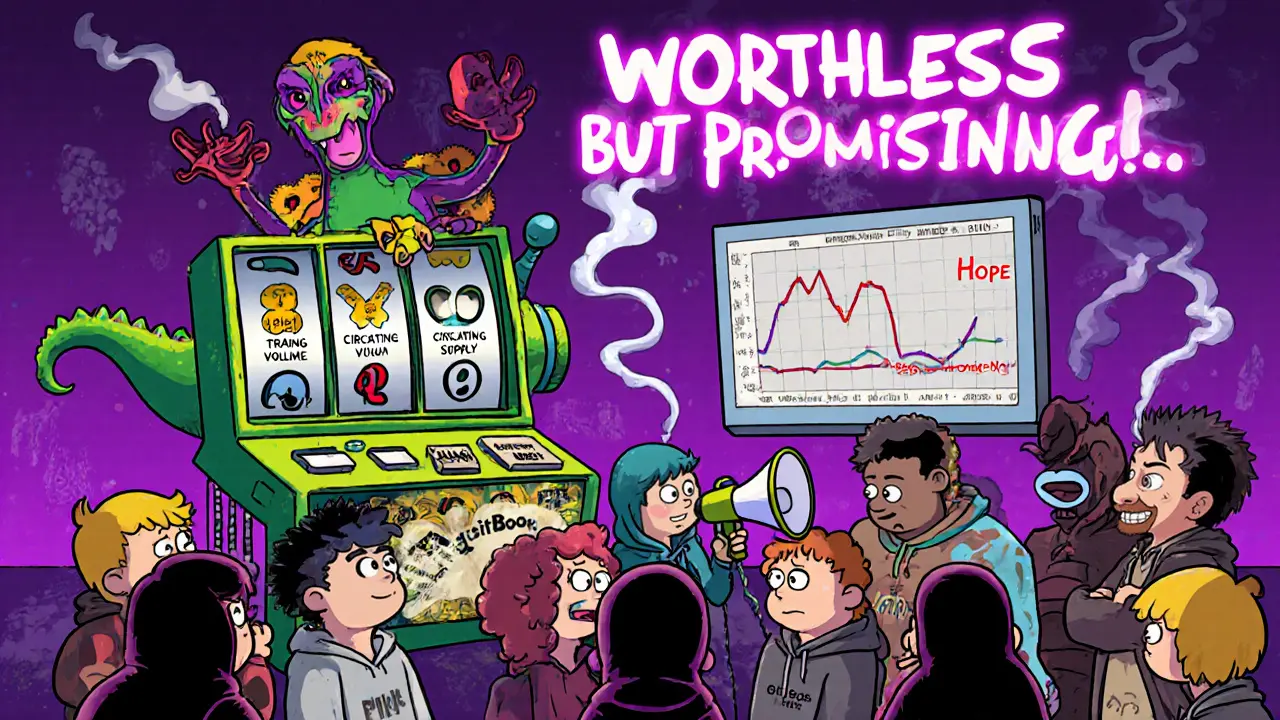 A dino-slot machine spins symbols of &#039;0 Volume&#039;, &#039;0 Supply&#039;, and &#039;Hope&#039; as anxious investors stare at a <h2>Why Are People Still Interested?</h2> price chart.