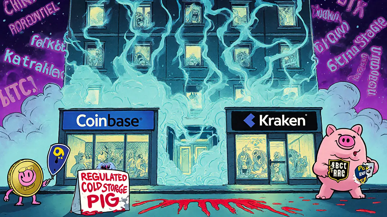 A dissolving scam exchange contrasts with safe crypto platforms under a &#039;Don&#039;t Be the Pig&#039; sign.