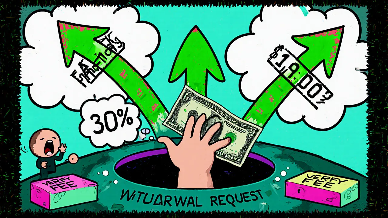 A fake crypto trading screen drains money into a black hole with tax stamps slamming down.