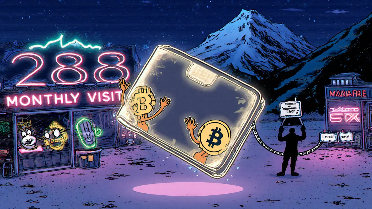 A glowing crypto wallet floats over an empty marketplace with only three assets visible under a flickering visit count sign.