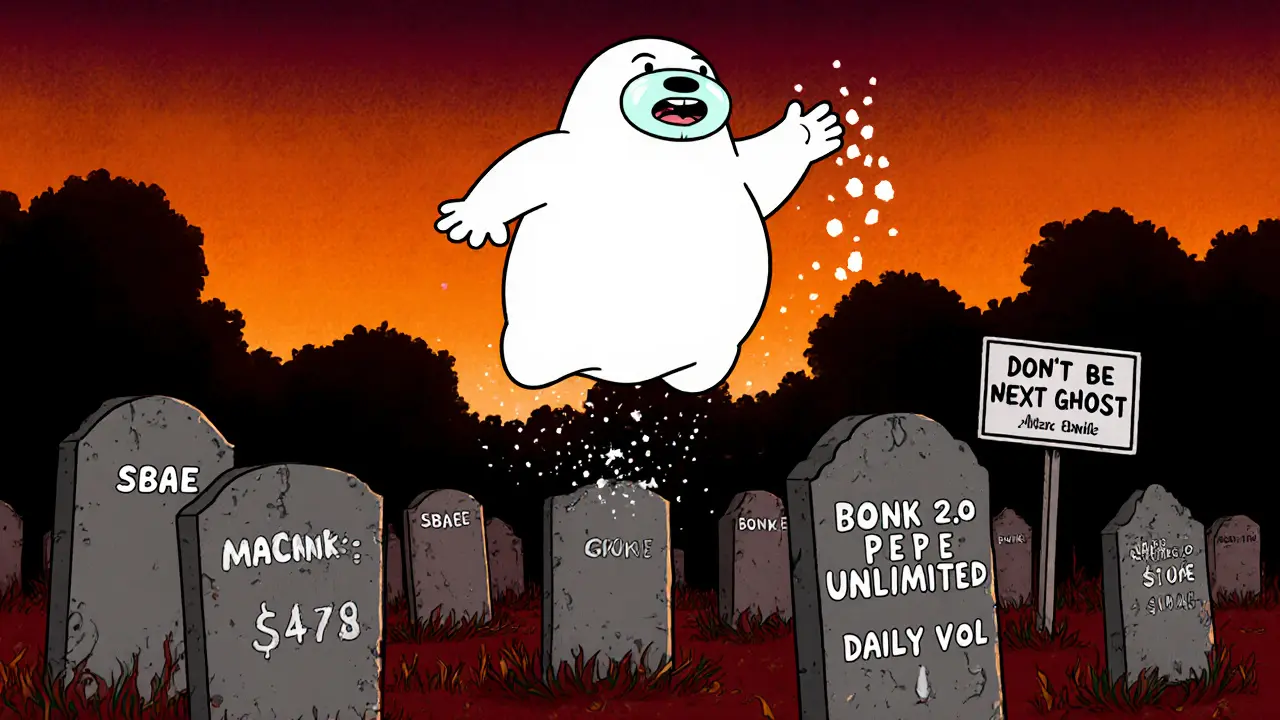 A graveyard of dead meme coins with SBAE&#039;s tombstone glowing under a blood-orange sky.