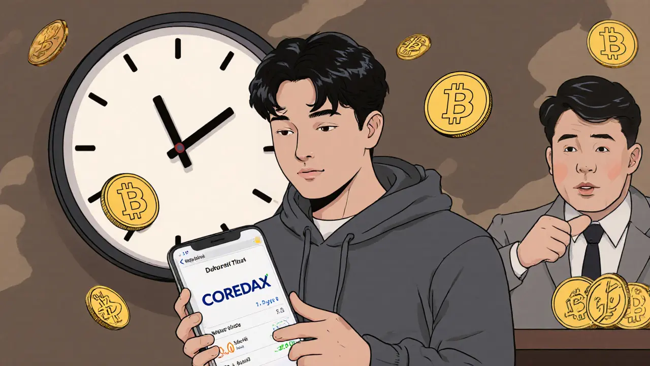 A Korean trader using the COREDAX app with slow-deposit clock and bank teller in background.