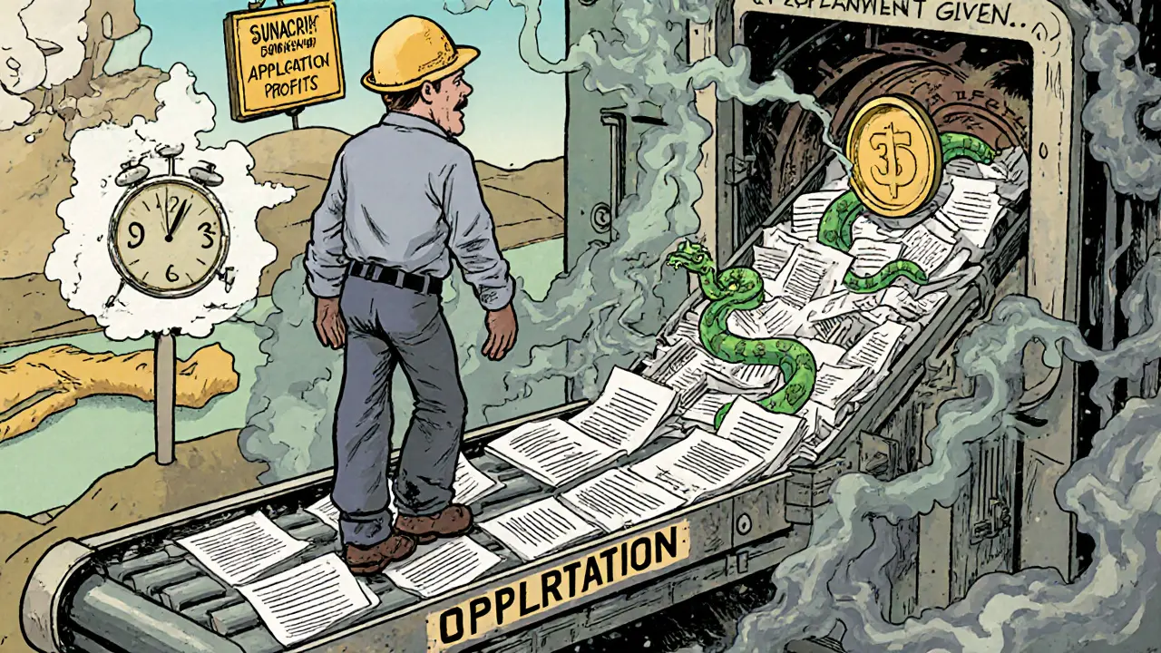 A miner is processed by a monstrous bureaucracy machine that spits out endless forms and vanishing coins.