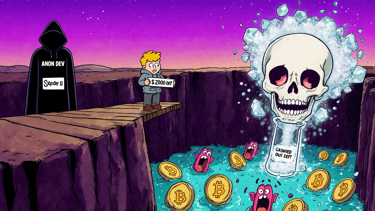 A nervous investor holds a contract address over a pit of screaming tokens while a shadowy figure drains liquidity.