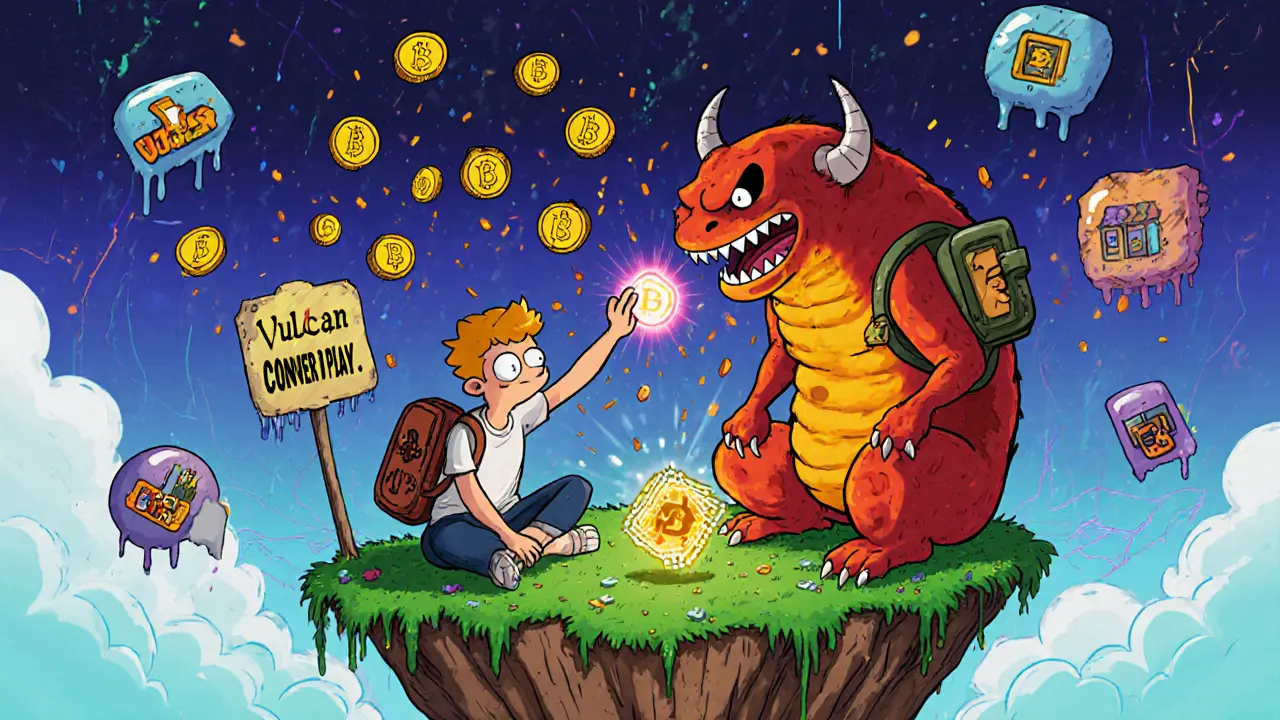 A player battling a blockchain monster in VulcanVerse as LAVA turns into PYR tokens.