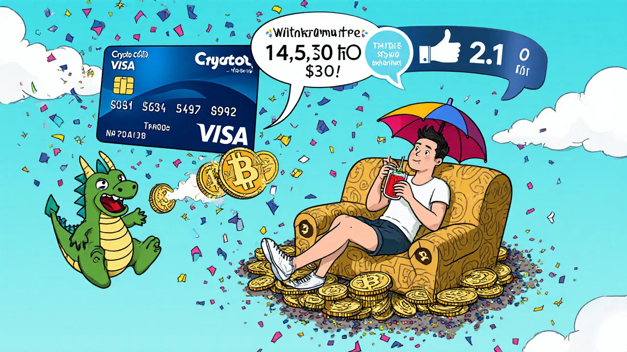 A relaxed user earning staking rewards and spending crypto with the Crypto.com Visa card.